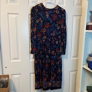 Vintage Petite Lanz Midi Long Sleeve Dress Navy Blue Paislee‎ Pattern
